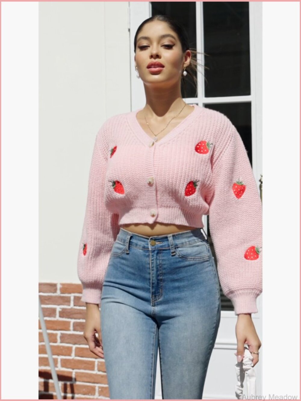 Strawberry Embroidery Crop Cardigan V Neck Button Front Drop Shoulder - Picture 7 of 7